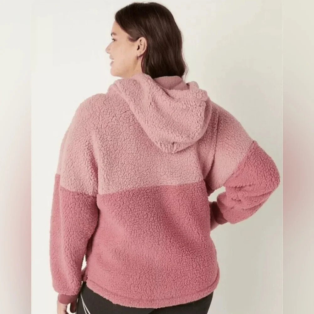 PINK Victoria’s Secret Varsity Sherpa Hoodie Size Large 1/4 Zip Pullover Pockets - Picture 2 of 10